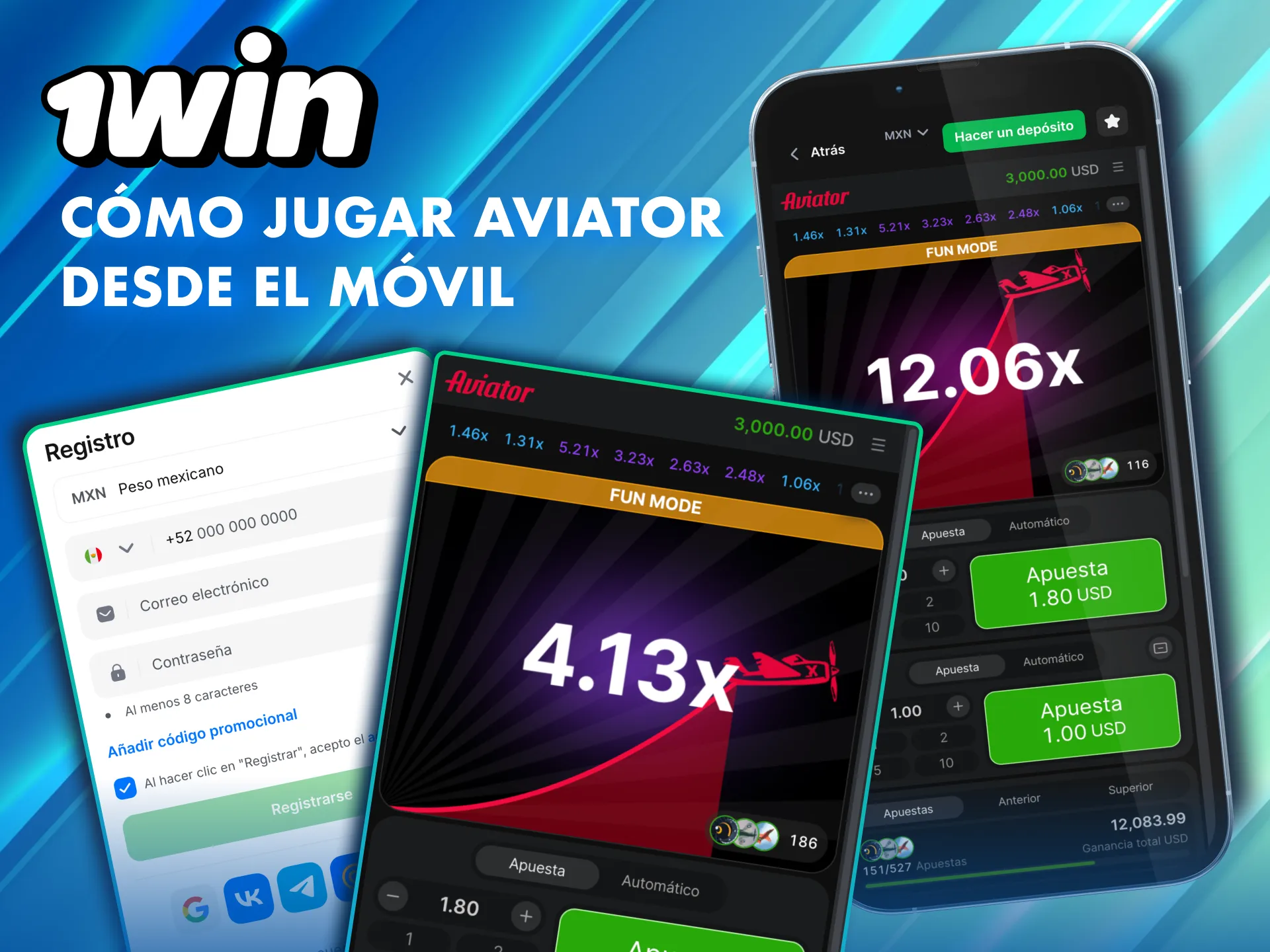 Aviator en 1Win México se juega desde móvil o escritorio con las mismas funciones.