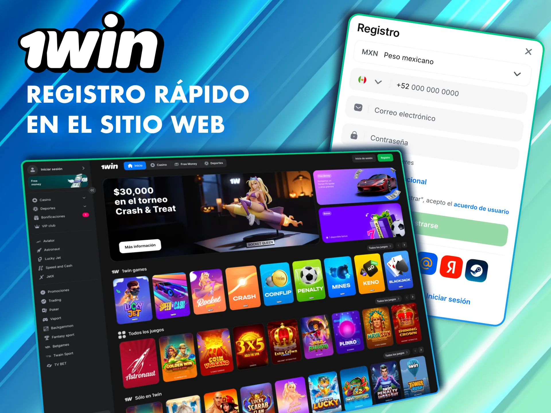 Registro rápido en el sitio web oficial de 1Win México.